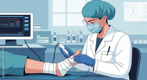Doctor treating patient's injured foot in a modern medical facility