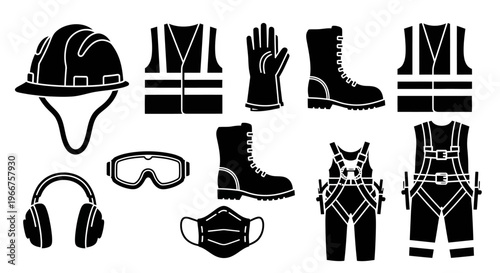 Construction PPE Silhouette Icon Set Safety Helmet Vest Boots Equipment Vector Isolated on White