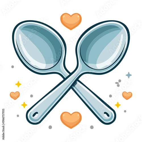 Two crossed silver spoons for kitchen utensil icons and restaurant tableware equipment for dining and eating concept - Vector Illustration