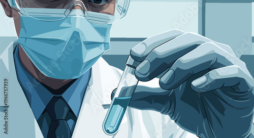 Scientist handling test tube in laboratory environment with protective gear