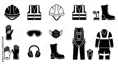 Fotografía Construction PPE Silhouette Icon Set Safety Helmet Vest Boots Equipment Vector I