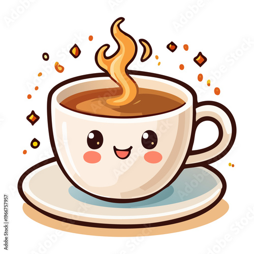 Cute coffee cup character with steam and smiling face for morning energy and friendly cafe branding mascot - Vector Illustration