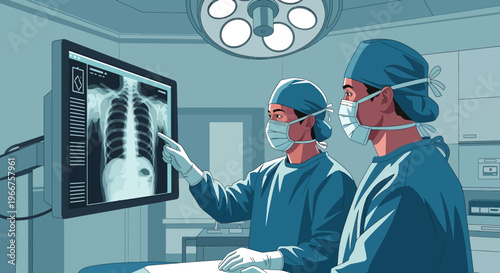 Medical team analyzing x-ray image in modern hospital environment