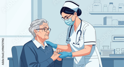 Nurse assisting elderly patient in clinic setting with care and compassion