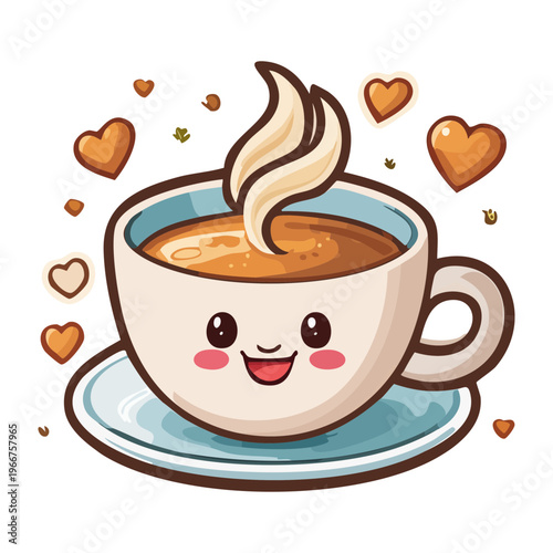 Smiling ceramic coffee cup with steam hearts for romantic morning breakfast and warm beverage cafe marketing material - Vector Illustration