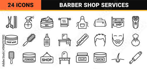 Barber Shop and Men's Grooming Minimalist Monoline Icon Set, Geometric Line Art for Hairdressing Services and Professional Stylists