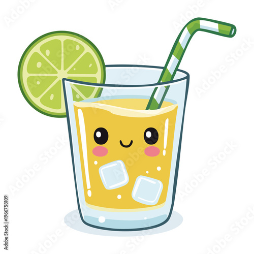 Cute smiling lemonade glass with ice and straw for fun summer party and refreshing children beverage mascot - Vector Illustration