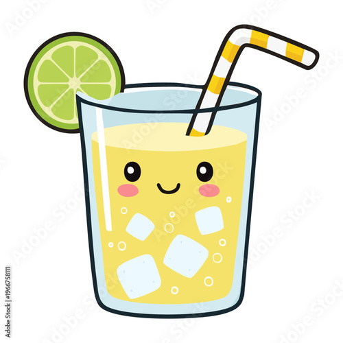 Smiling citrus drink glass with lime slice for refreshing summer mood and fun tropical beverage mascot design - Vector Illustration