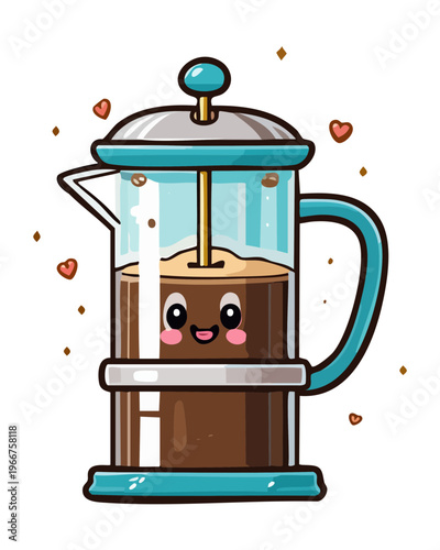 Cute smiling french press brewer character for fun kitchen decor and friendly morning coffee brewing process mascot - Vector Illustration