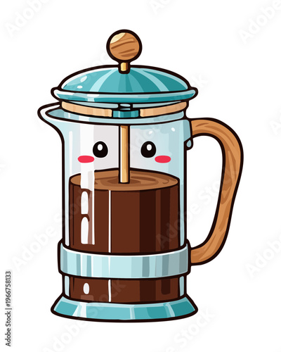 Professional glass french press coffee maker for home brewing and fresh morning caffeine beverage preparation at cafe - Vector Illustration