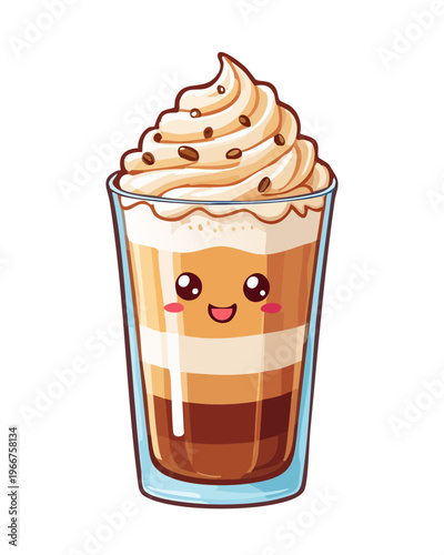 Layered coffee glass with whipped cream and smiling face for cute dessert beverage and sweet cafe mascot - Vector Illustration
