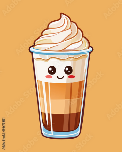 Cute whipped cream coffee glass character for sweet dessert beverage branding and friendly cafe shop mascot design - Vector Illustration