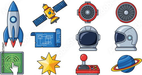 Space Exploration and Rocket Icons Set Featuring Rocket, Satellite, Astronaut Helmet, Radar, and Planet for Space and Technology Concepts
