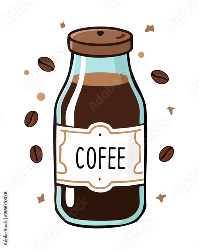 Bottle of fresh coffee beverage for energy boost and premium caffeine product packaging for local cafe roastery - Vector Illustration
