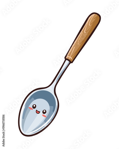 Small spoon with cute smiling face for fun kitchen utensils and children dining room table decor mascot - Vector Illustration
