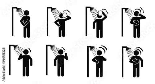 Pictograms showing a person taking a shower in various stages