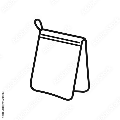 Minimalist line art icon of a folded fabric, resembling a towel or washcloth, with a hanging loop. This clean vector graphic is suitable for illustrating hygiene, cleaning, bathroom, kitchen, and hous