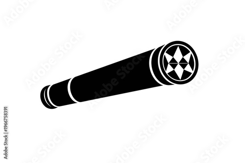 Black and white vector icon of a classic kaleidoscope, featuring a unique geometric pattern of triangles and diamonds at the viewing end, isolated on a clean white background, perfect for educational,