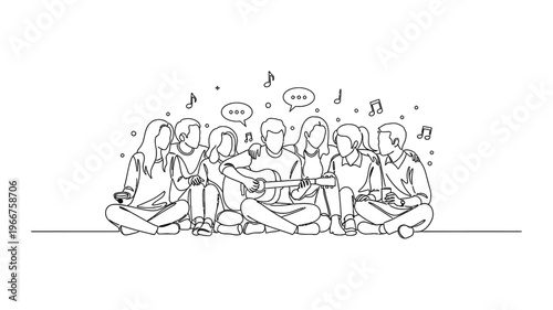 Friends sitting in a circle chatting and laughing together.