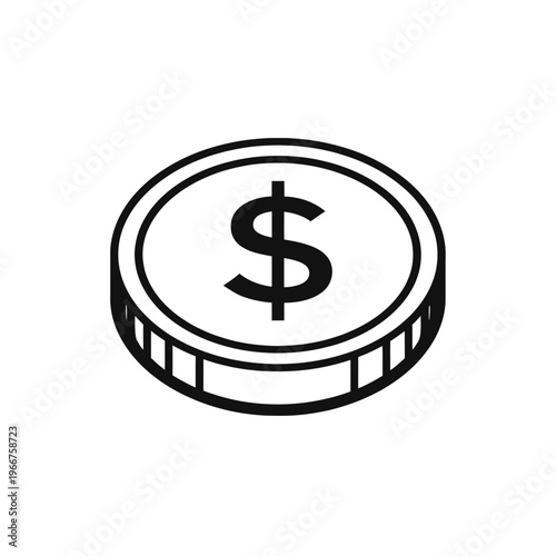 Black and white outline icon of a dollar coin, symbolizing money, finance, currency, wealth, payment, savings, banking, economy, investment, and profitable transactions. Ideal for financial apps, busi