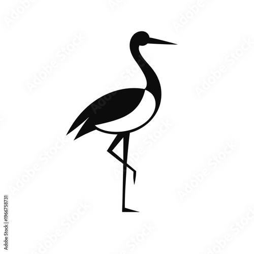 Minimalist black and white elegant bird illustration of a graceful crane or heron standing on one leg. Perfect for modern logos, icons, branding, wildlife themes, and professional design projects, con