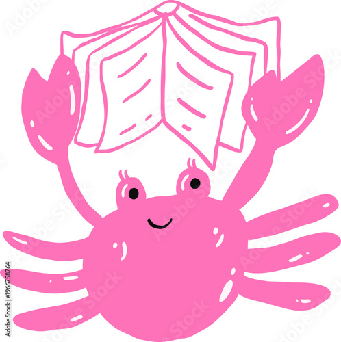 Hand drawn Summer Crab Book Lover Character, Pink Crab Reading a Book Illustration
