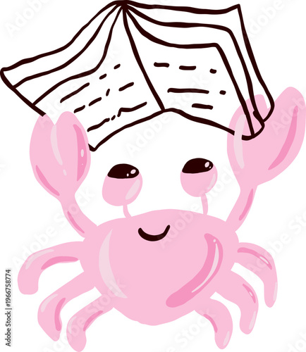 Hand drawn Pink Summer Crab Book Lover Character, Pink Crab Reading a Book Illustration Vector