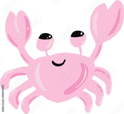 Hand drawn  Summer Cute Pink Crab Character Vector Illustration