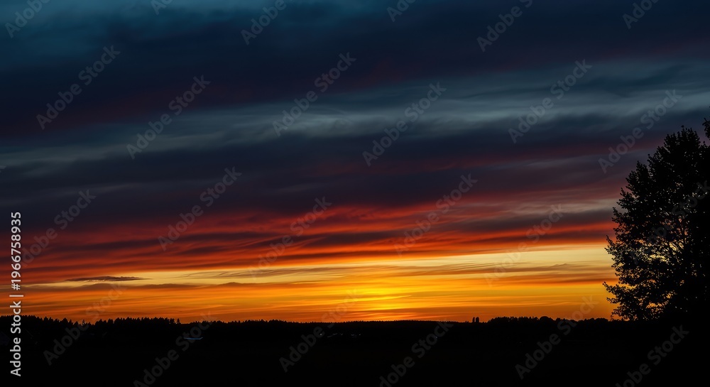 Fototapeta premium A dramatic and colorful sunset fills the sky, contrasting sharply with the stark, deep black silhouettes of the distant landscape and trees at twilight ,tranquil ,abstract ,beautiful