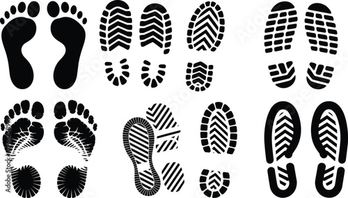 Footprint and shoe sole prints collection, flat vector illustration, walking track marks, human foot and footwear impressions isolated on white