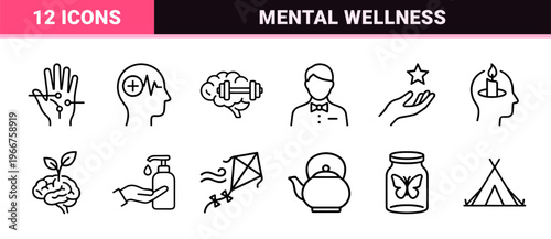 Mental Health and Psychological Wellness Minimalist Monoline Geometric Line Art Symbols for Therapy, Meditation, and Self-Care Apps