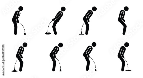 Stick figures depicting various stages of urination in a minimalist style