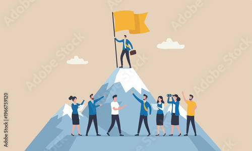 Business new segment,meeting teams together exploration concept, confidence businessman holding winner flag on top mountain peak