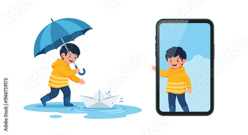 Happy child with umbrella playing with paper boat in rain, connected to another boy on a smartphone screen