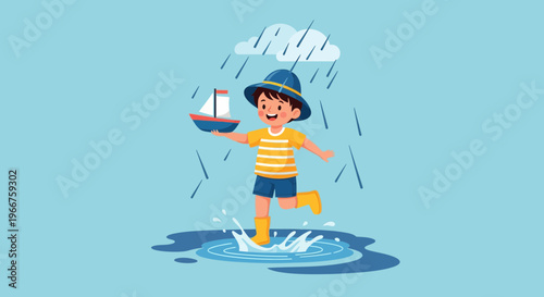 Joyful child wearing a hat and boots plays with a toy boat while jumping in puddles during a rain shower
