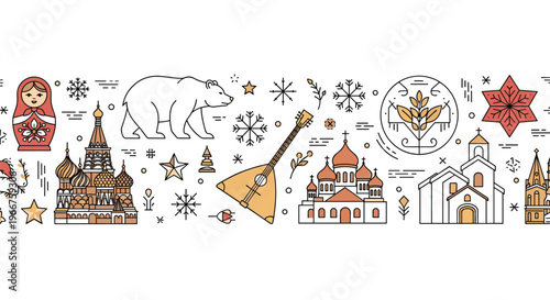Traditional russian folk symbols including matryoshka doll, st basils cathedral, bear, and balalaika in a modern line art banner.
