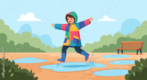 Joyful child in a colorful raincoat jumping through puddles on a bright day