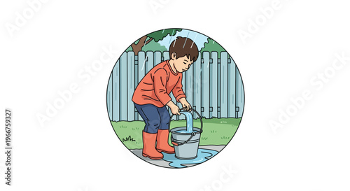 A young boy diligently collects rainwater in a bucket during a downpour near a fence