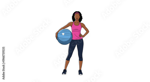 Fit african american woman in sports clothes holding a blue exercise ball while standing confidently against a white background.