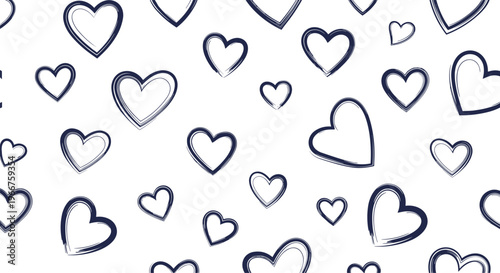 Minimalist seamless pattern of sketchy hand drawn hearts in dark blue on white background for romantic or wedding designs.