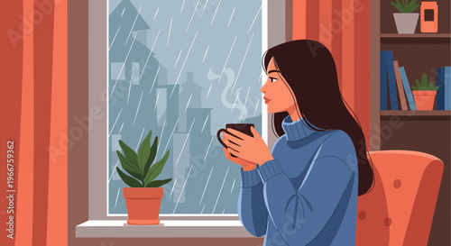 Young woman enjoying a warm cup of coffee while watching the rain fall outside her window, creating a cozy atmosphere indoors.