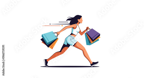 Young woman in casual summer outfit running fast with several colorful shopping bags during a seasonal sale event.