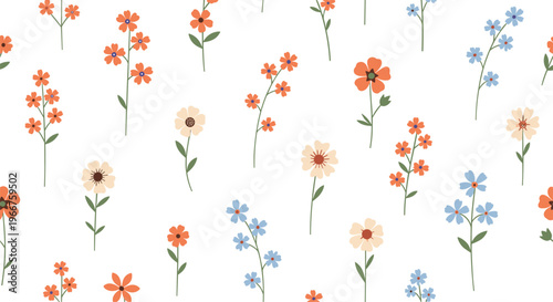 Delicate seamless pattern of various small orange blue and cream wildflowers on a white background for fabric design.