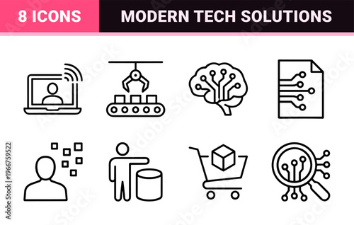 Digital Transformation Minimalist Monoline Outline Icons for Smart Technology Automation Fintech and Data Science Solutions