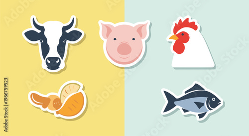 Set of farm animal stickers including cow pig chicken and fish along with a bowl of food on a colorful background.