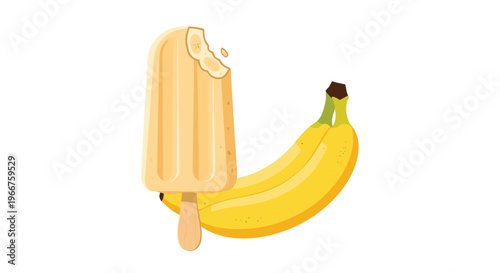 Delicious banana flavored popsicle with a bite taken out of it placed next to two ripe yellow bananas on a white background.