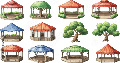 Isometric garden gazebo set with 12 vector elements, outdoor park pavilion collection, wooden summer house structures for landscape design
