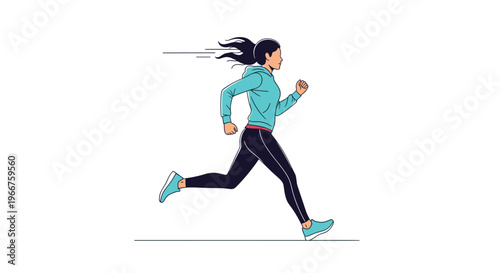 Active woman with dark hair running in a light blue hoodie and black leggings for fitness training outdoors or at gym.