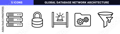 Data Catalog and Information Management System Monoline Outline Icons. Minimalist Geometric Design for Database Architecture and Digital Governance.