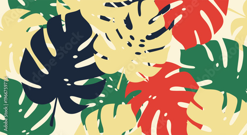 Vibrant seamless pattern of colorful monstera leaves in green red dark blue and yellow for a bold tropical look.
